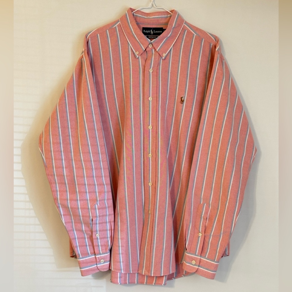 Ralph Lauren Men's Coral and White Striped Long Sleeve Button Down Dress  Shirt